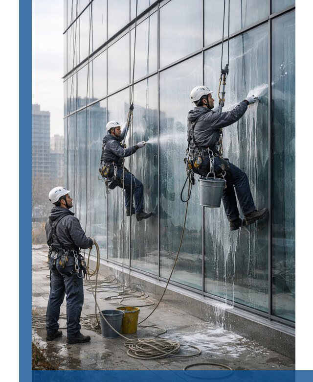 Промышленная мойка панорамных окон на высоте в Чебаркуле