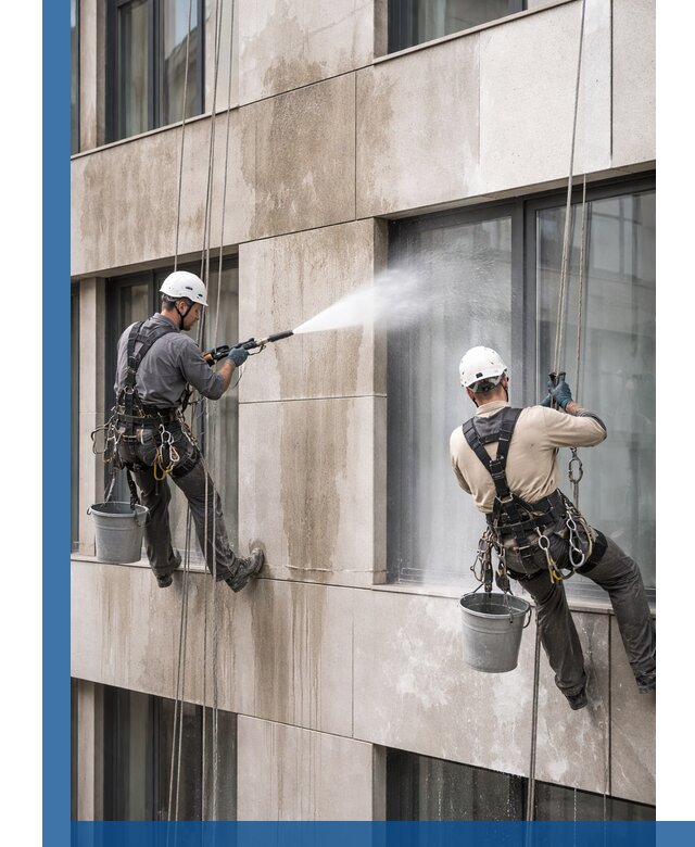 Послестроительная мойка фасада промышленным альпинизмом в Чебаркуле