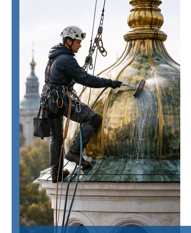 Профессиональная мойка куполов и шпилей высотными альпинистами в Чебаркуле