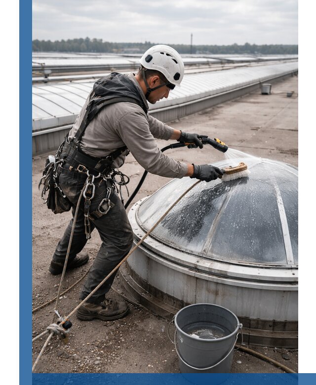 Мойка зенитных фонарей на кровле для промышленных объектов в Чебаркуле