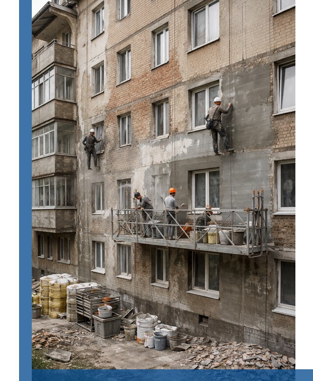 Капитальный ремонт фасада в Чебаркуле с восстановлением и гидроизоляцией