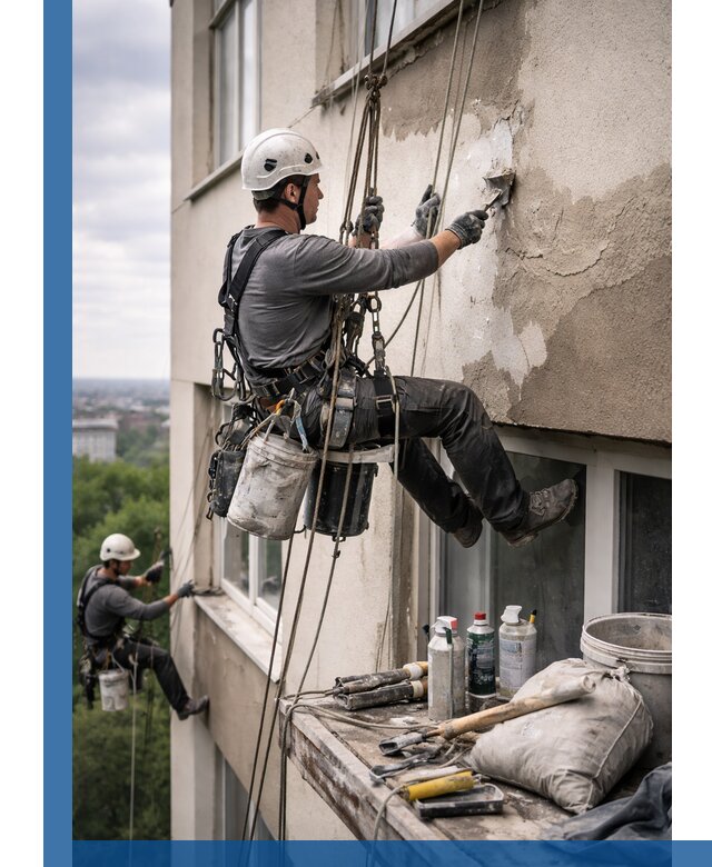 Косметический ремонт фасада зданий в Чебаркуле промышленными альпинистами