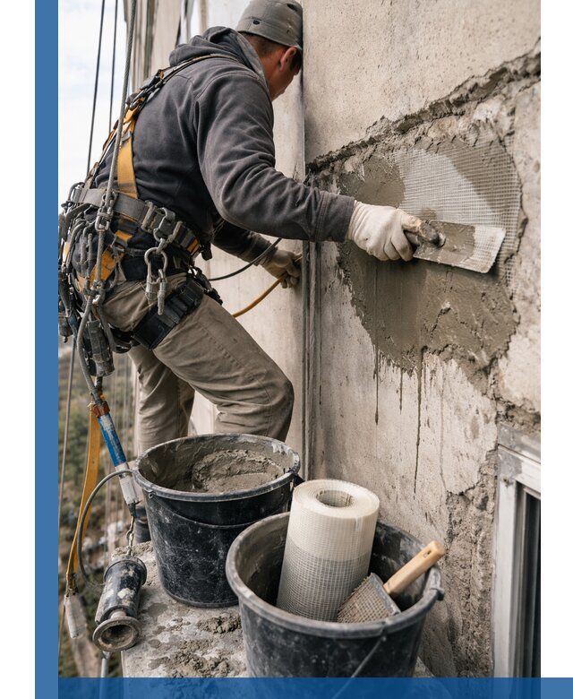 Ремонт бетонных элементов фасада промышленными альпинистами в Чебаркуле