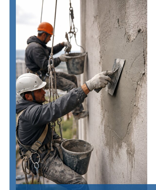 Штукатурка фасада на высоте в Чебаркуле профессиональные работы