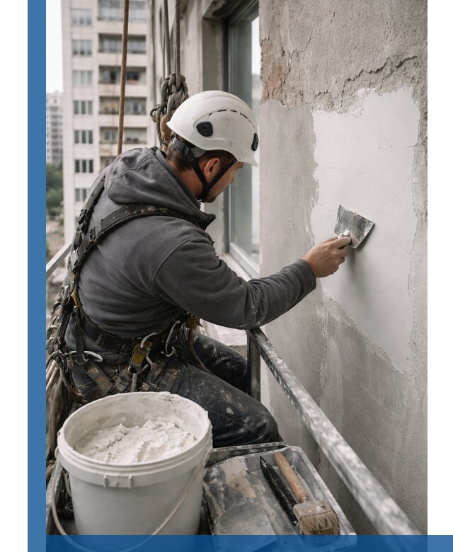 Шпаклевка фасадов на высоте с промальпинистами в Чебаркуле