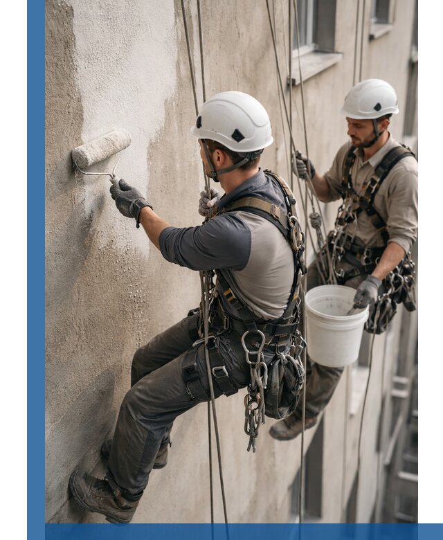 Грунтовка фасада на высоте в Чебаркуле промышленными альпинистами