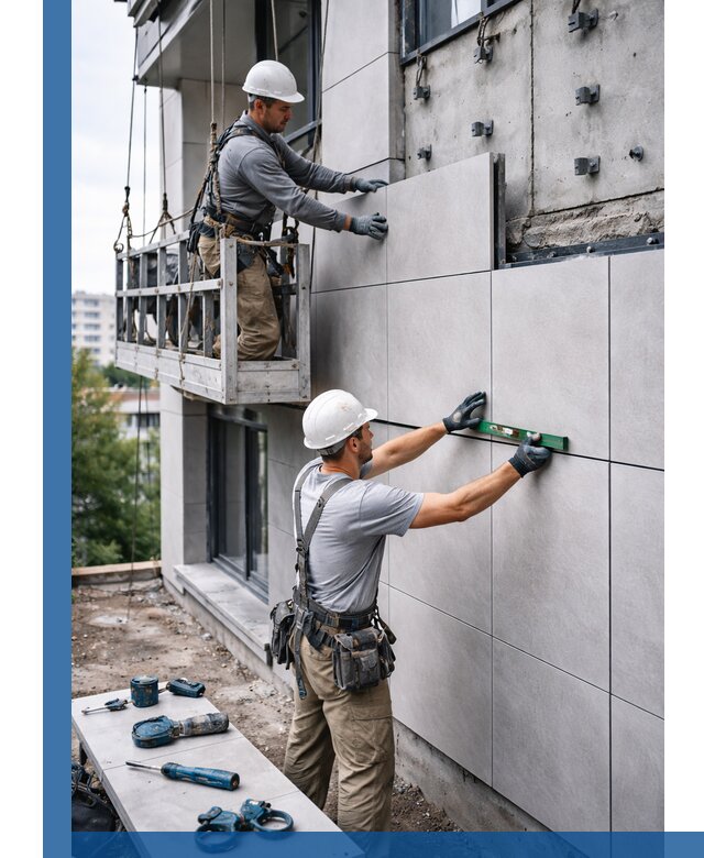 Монтаж керамогранита на фасад в Чебаркуле под ключ с гарантией качества