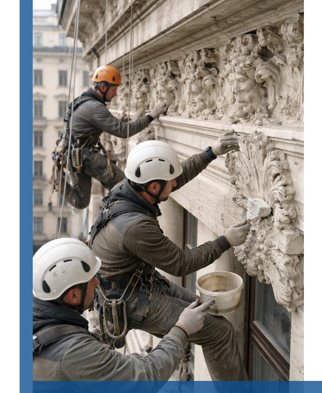 Реставрация фасадной лепнины с высотными работами в Чебаркуле