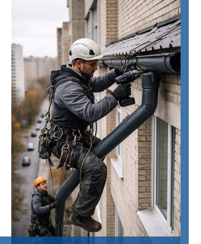 Монтаж водосточной системы на здании в Чебаркуле от 5369 р. | ВЫСОТНИК-Чбр