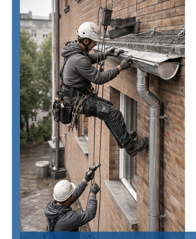 Монтаж водосточной системы на здании в Чебаркуле под ключ