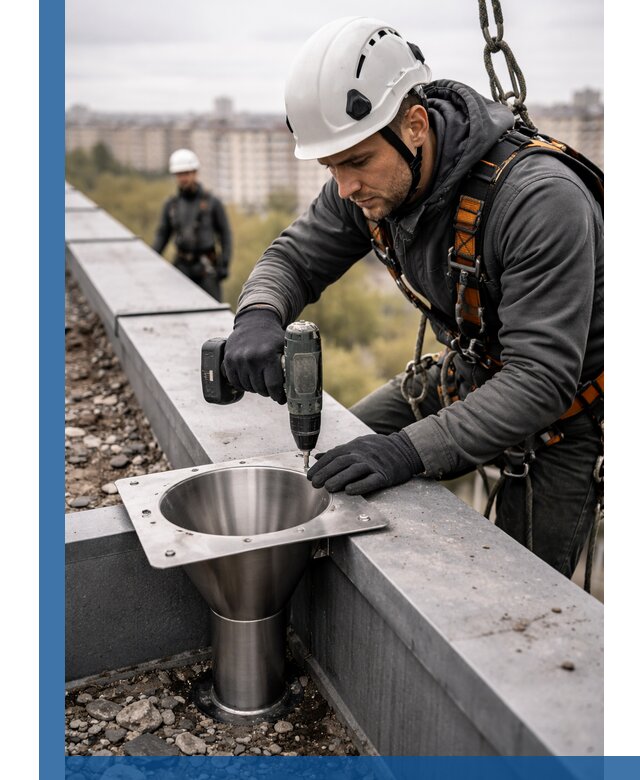 Монтаж водосточных воронок в Чебаркуле для промышленных зданий