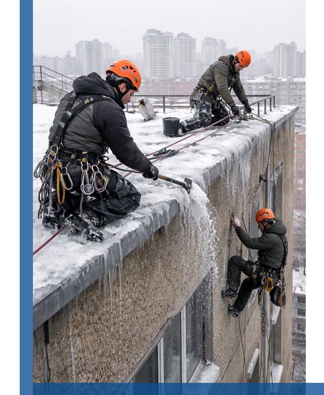 Удаление наледи с кровли в Чебаркуле промышленными альпинистами