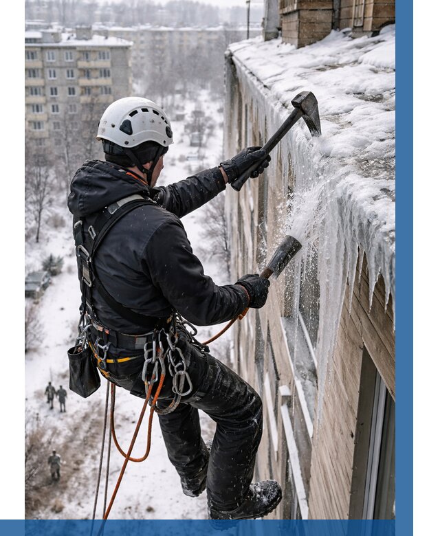 Сбивание сосулек с крыши в Чебаркуле по цене от 4832 р. | ВЫСОТНИК-Чбр