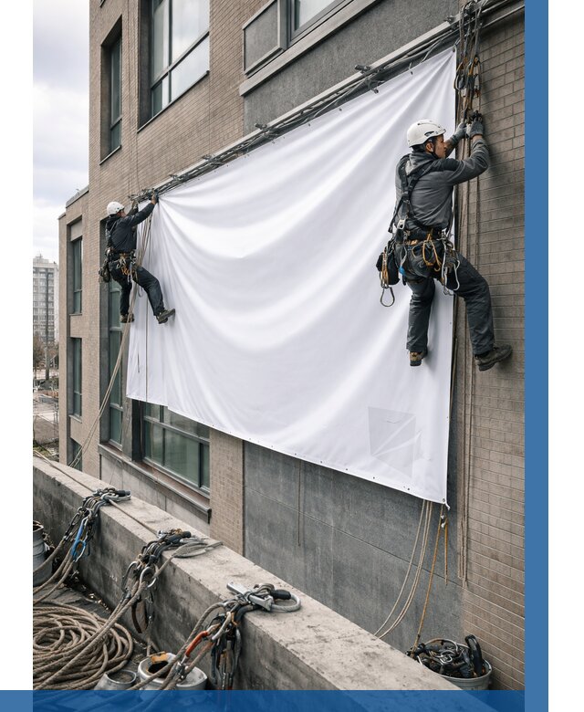 Монтаж баннеров на фасаде в Чебаркуле от 698 р. заказать ВЫСОТНИК-Чбр