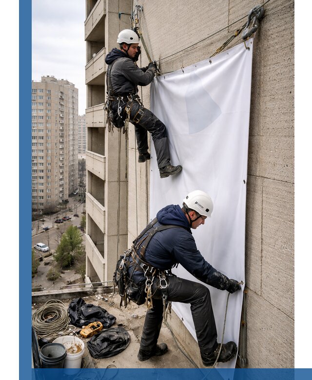 Профессиональный монтаж баннеров на фасаде в Чебаркуле