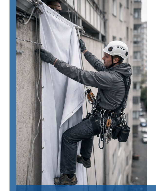 Замена баннерного полотна промышленными альпинистами в Чебаркуле
