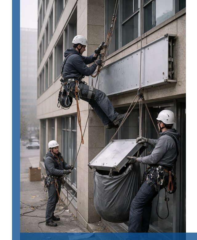 Демонтаж рекламной вывески с высотными работами в Чебаркуле