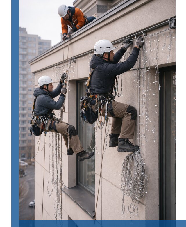 Монтаж праздничных гирлянд на фасаде в Чебаркуле для зданий