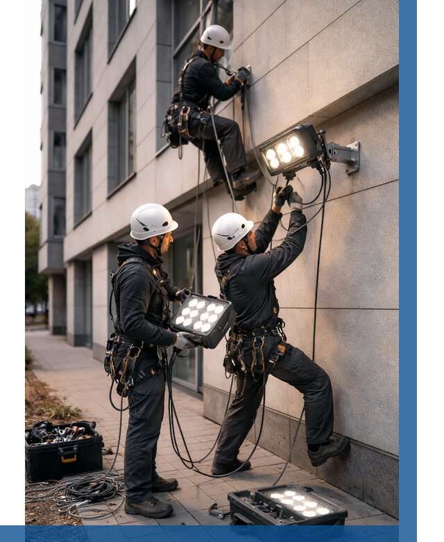 Монтаж прожекторов на фасаде в Чебаркуле от 8053 р. | ВЫСОТНИК-Чбр