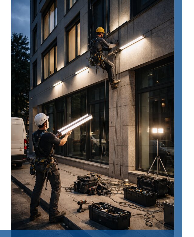 Монтаж архитектурной подсветки здания в Чебаркуле от 2684 р.|ВЫСОТНИК-Чбр