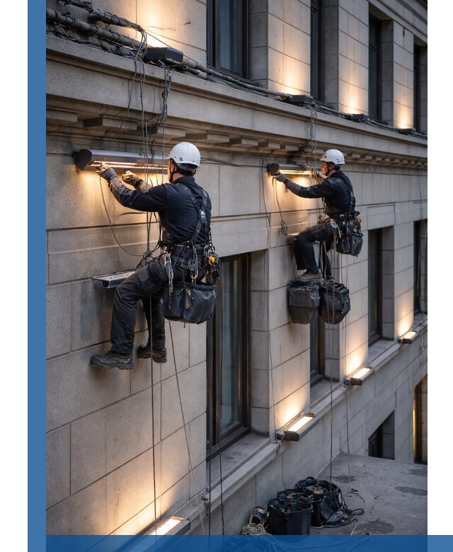 Монтаж архитектурной подсветки фасадов зданий в Чебаркуле