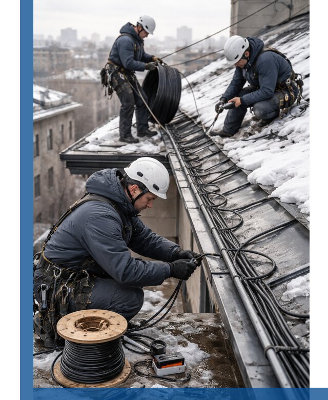 Монтаж греющего кабеля на кровле в Чебаркуле под ключ