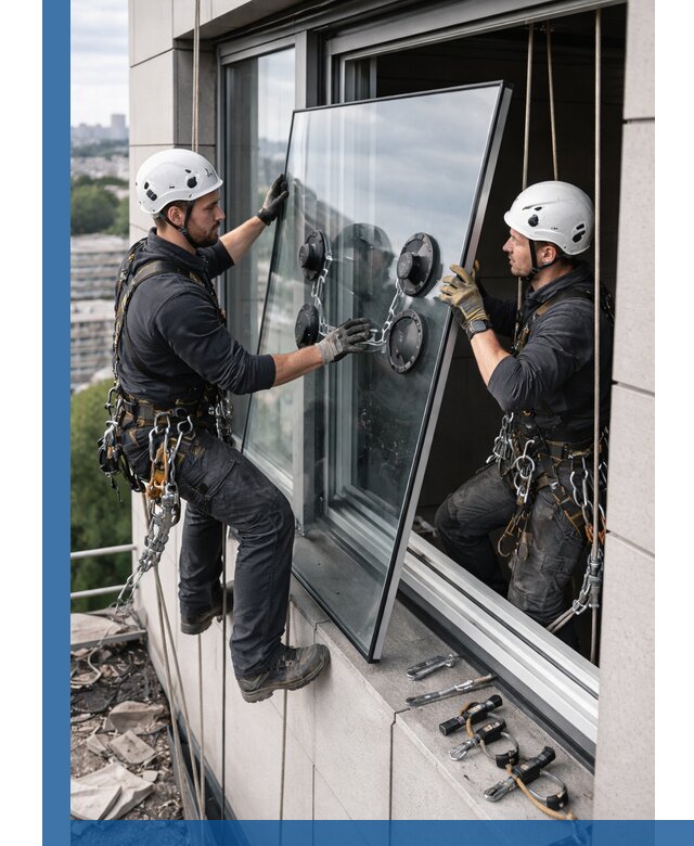 Замена стеклопакетов на высоте с промышленными альпинистами в Чебаркуле