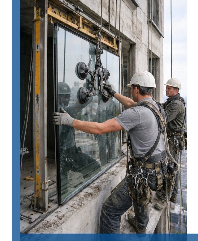 Монтаж стеклопакетов на высоте в Чебаркуле с промышленным альпинизмом