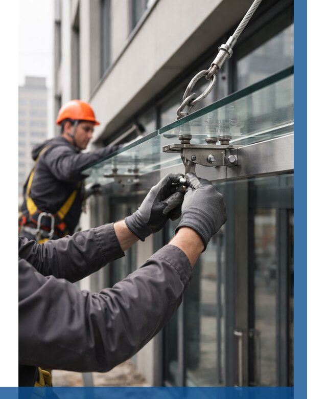 Монтаж стеклянных козырьков в Чебаркуле от 9126 р. | ВЫСОТНИК-Чбр