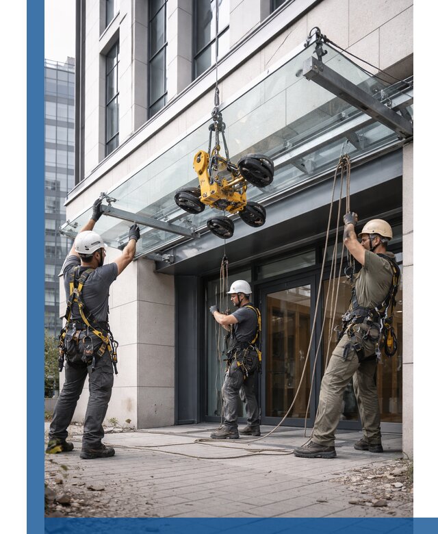 Монтаж стеклянных козырьков под ключ в Чебаркуле для зданий