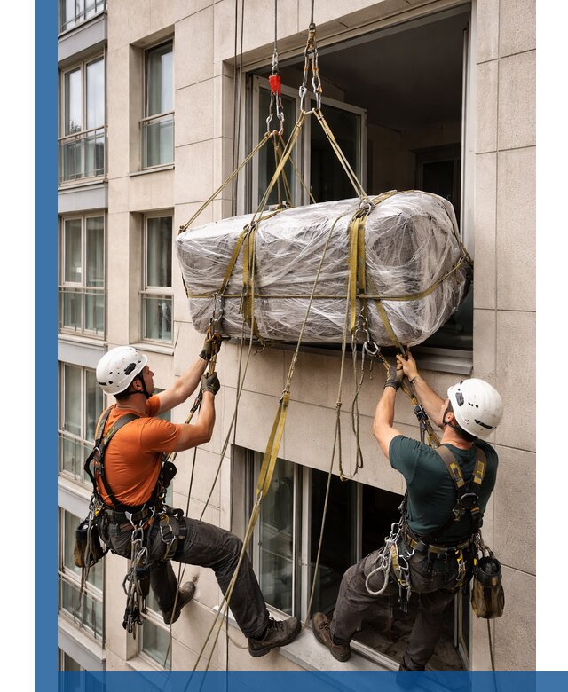 Подъем грузов через окно в Чебаркуле промышленными альпинистами