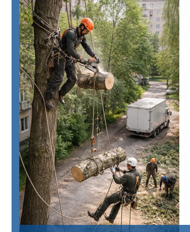 Спил деревьев альпинистами в Чебаркуле, безопасно и без повреждений