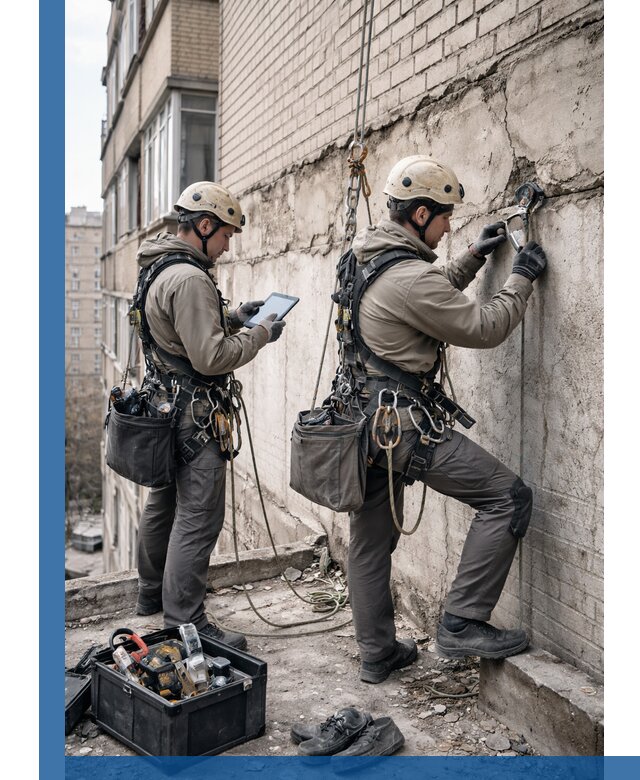 Обследование фасада промышленными альпинистами в Чебаркуле